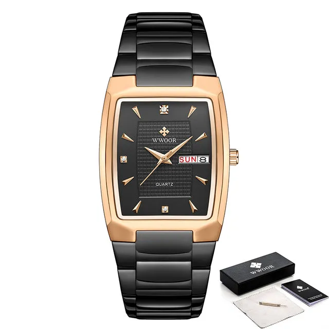 Gold Quartz Stainless Steel Sport Square Clock Waterproof Week and Date Watches