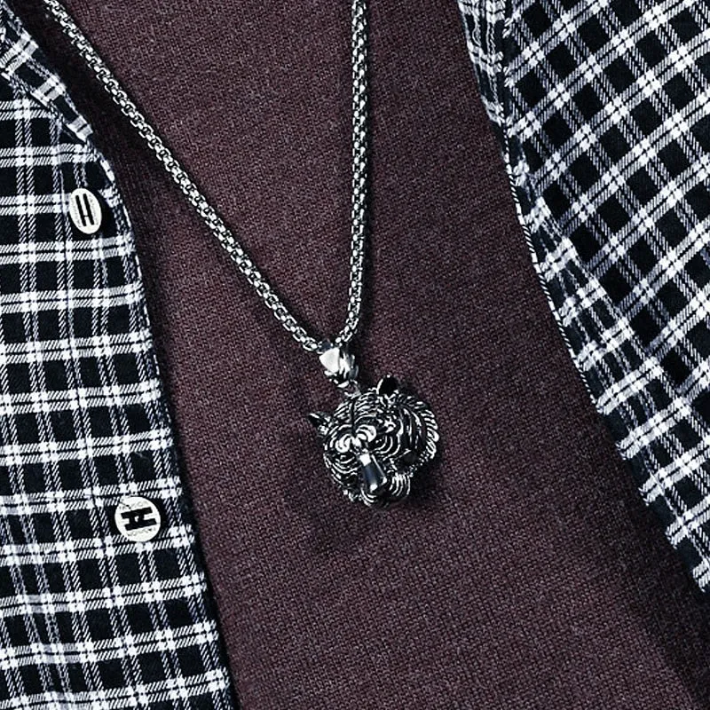 Gold/Black/Silver Color Stainless Steel Tiger Pendant Necklace Punk Men