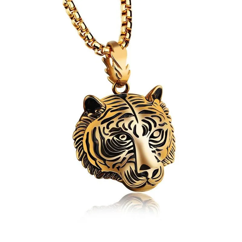 Gold/Black/Silver Color Stainless Steel Tiger Pendant Necklace Punk Men