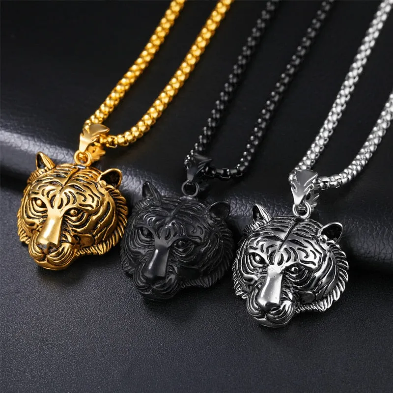 Gold/Black/Silver Color Stainless Steel Tiger Pendant Necklace Punk Men