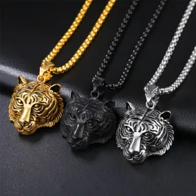 Gold/Black/Silver Color Stainless Steel Tiger Pendant Necklace Punk Men