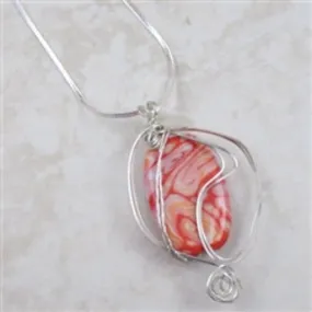 Handmade Red Artisan Wire Wrap Pendant on Silver Chain Necklace