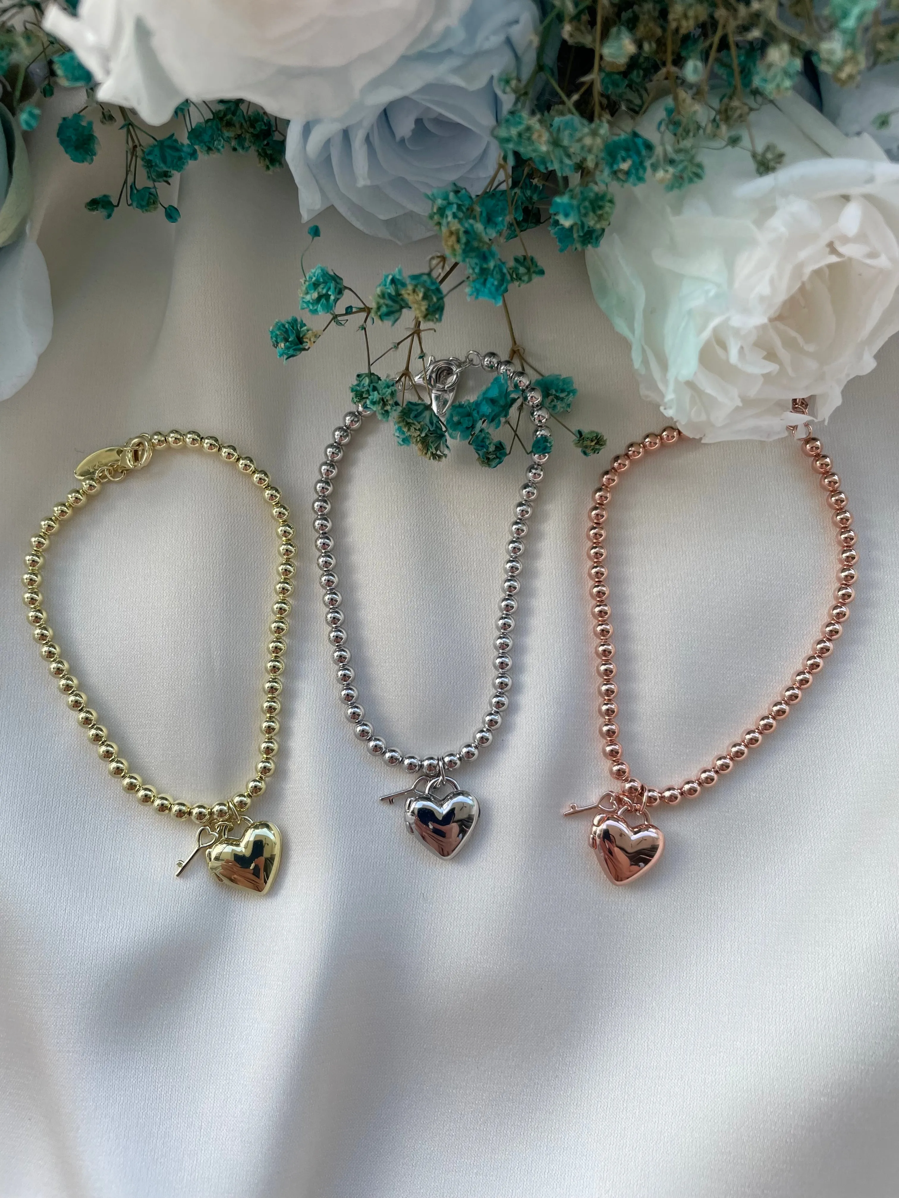 Heart Padlock Bracelet (Beaded) in Rose Gold Vermeil