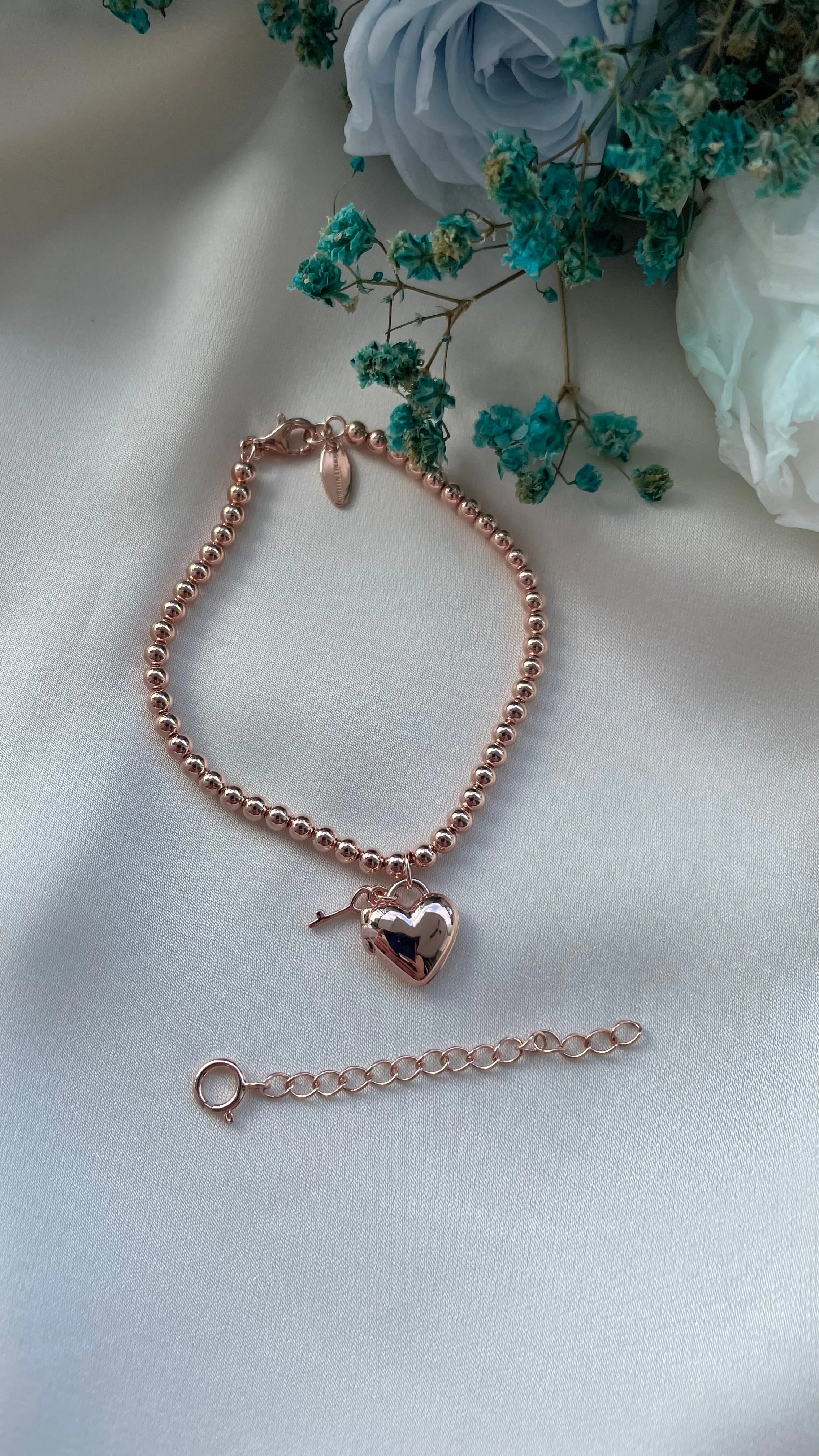 Heart Padlock Bracelet (Beaded) in Rose Gold Vermeil