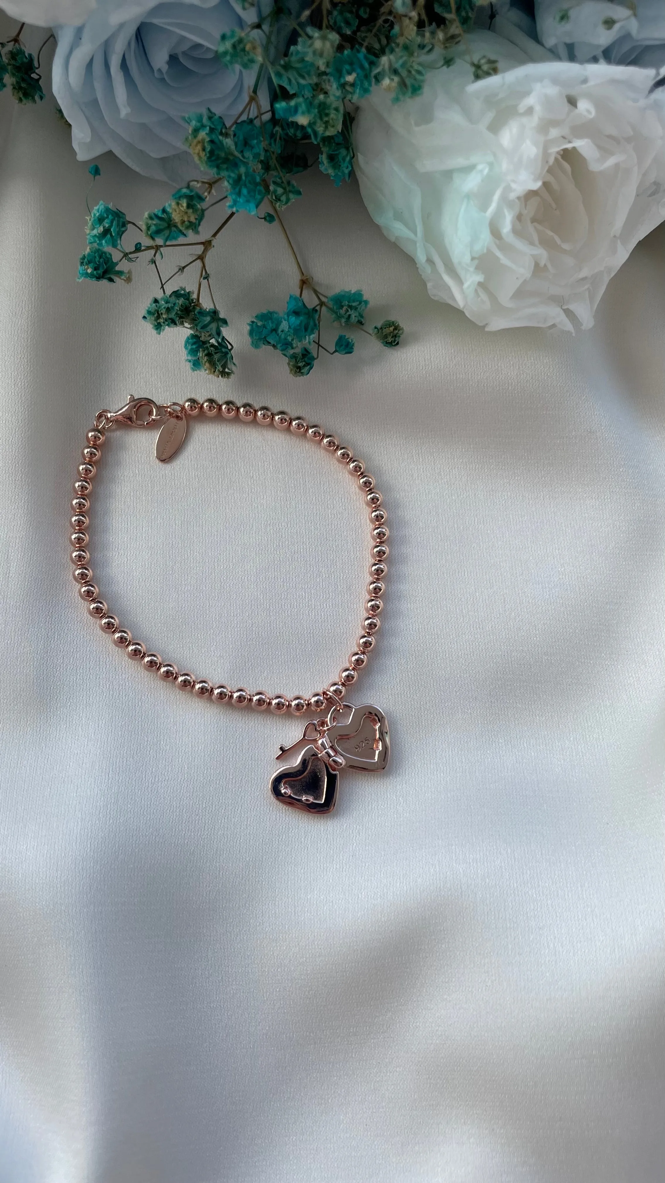 Heart Padlock Bracelet (Beaded) in Rose Gold Vermeil