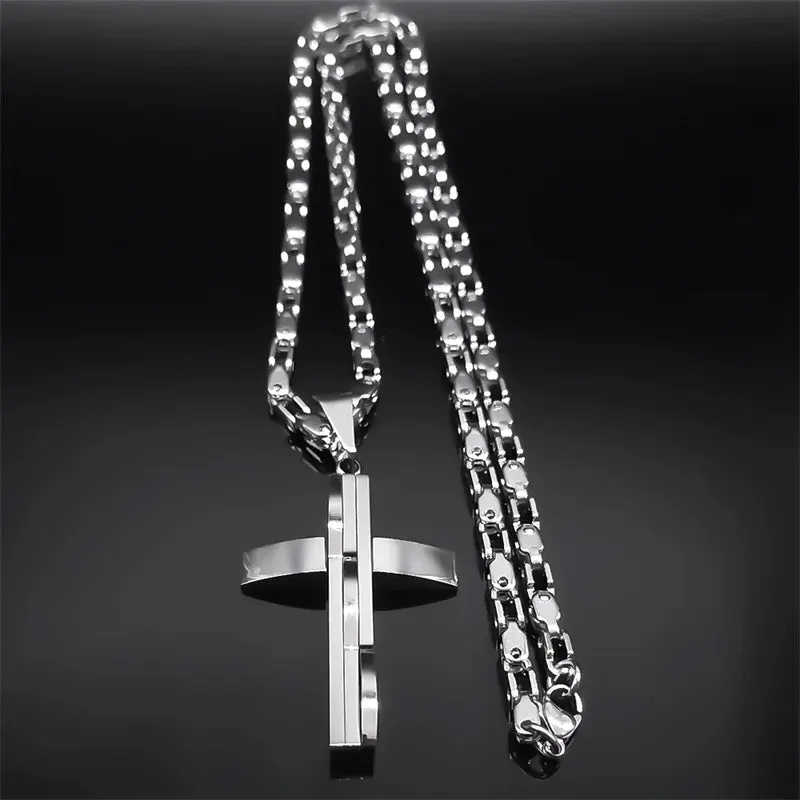 Hip Hop Cross Pendant Necklace for Men Stainless Steel Silver Color Faith Chain Necklaces