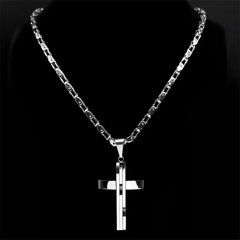 Hip Hop Cross Pendant Necklace for Men Stainless Steel Silver Color Faith Chain Necklaces
