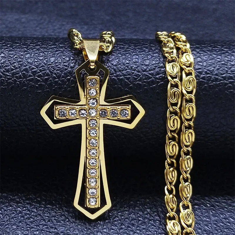 Hip Hop Cross Pendant Necklace for Men Stainless Steel Silver Color Faith Chain Necklaces