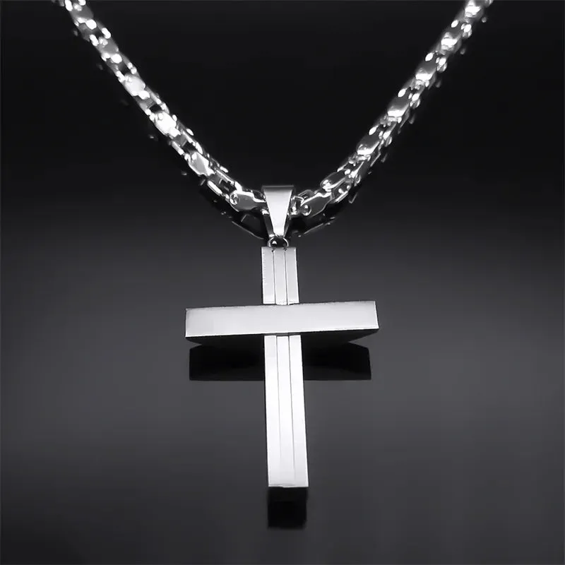 Hip Hop Cross Pendant Necklace for Men Stainless Steel Silver Color Faith Chain Necklaces