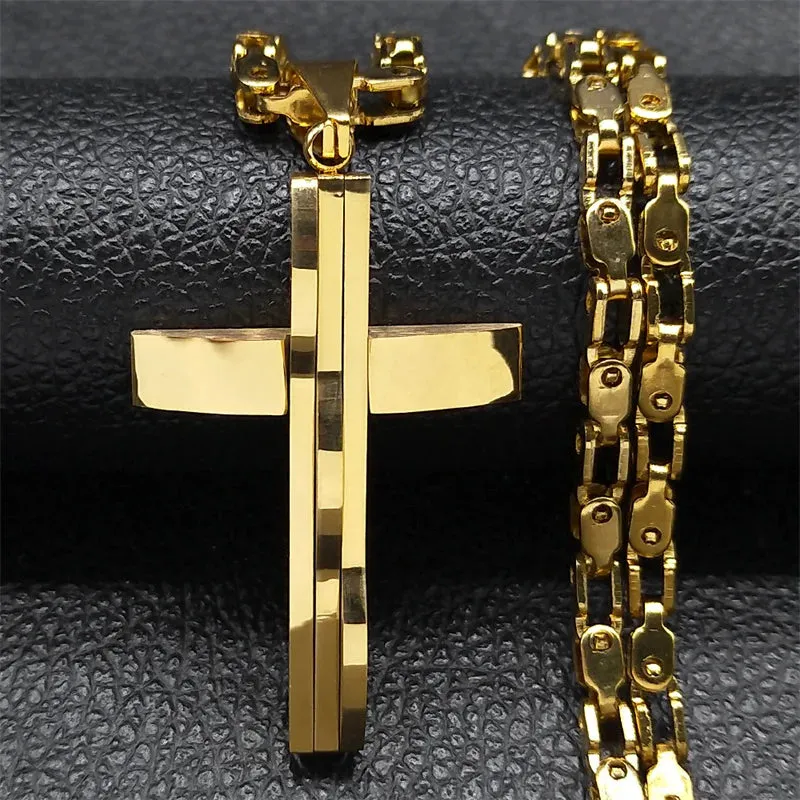 Hip Hop Cross Pendant Necklace for Men Stainless Steel Silver Color Faith Chain Necklaces