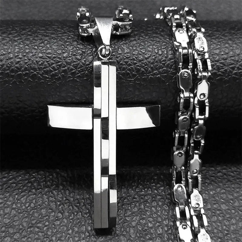 Hip Hop Cross Pendant Necklace for Men Stainless Steel Silver Color Faith Chain Necklaces
