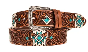 Hooey Dyani Brown Hand Tooled Hand Painted Aztec Accent Leather Belt HWBLT029
