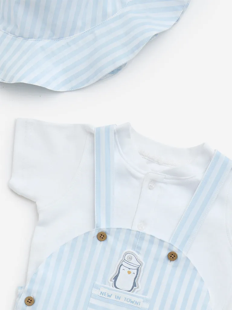HOP Baby Light Blue Striped Cotton Dungaree, T-Shirt and Bucket Hat Set