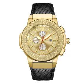 JBW Saxon Crystal Gold Dial Black Leather Men's Watch JB-6101L-J