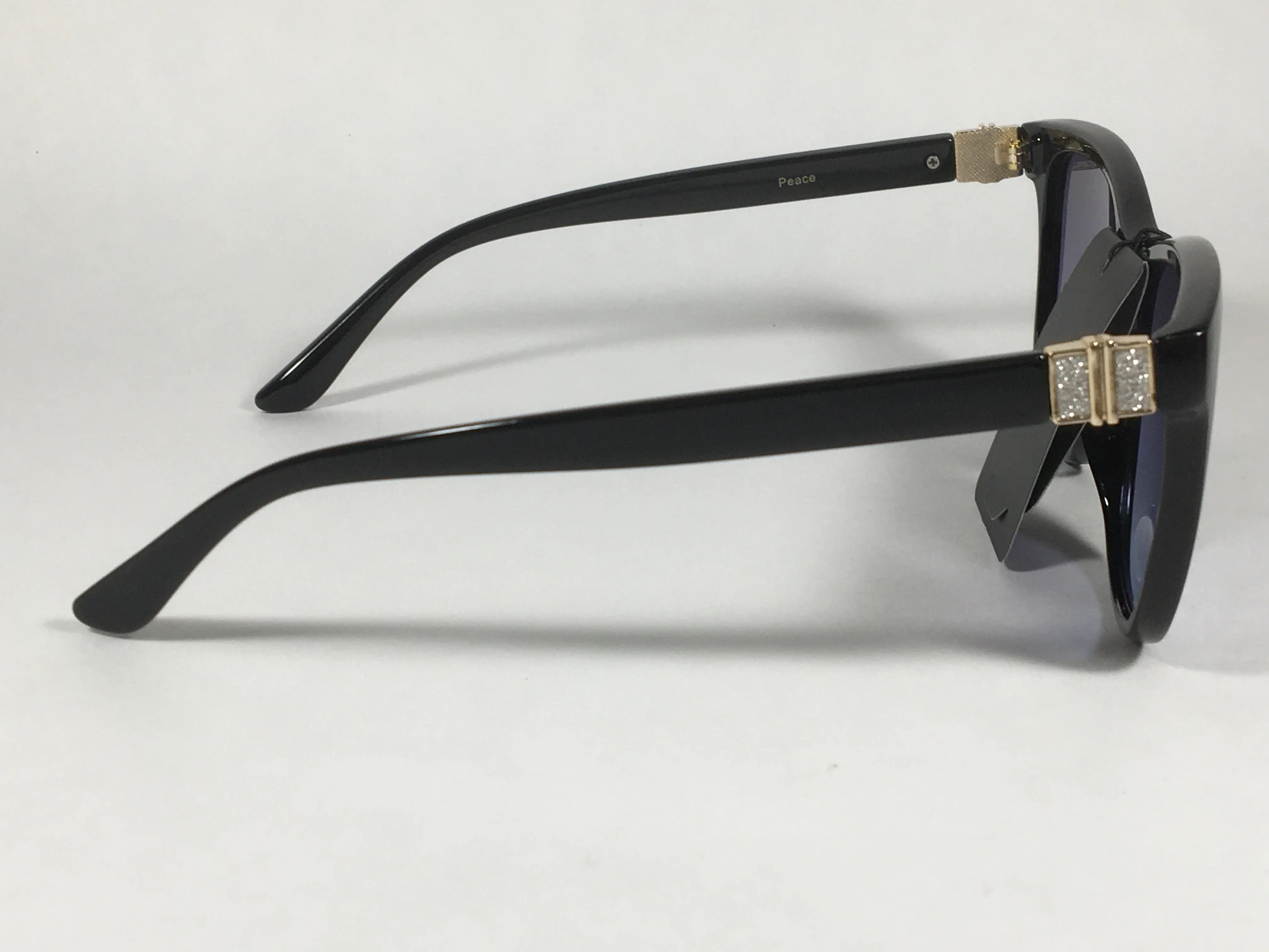 JL By Judith Leiber Peace Square Sunglasses Shiny Black Blue Gray Lens Gold Rhinestone Temples