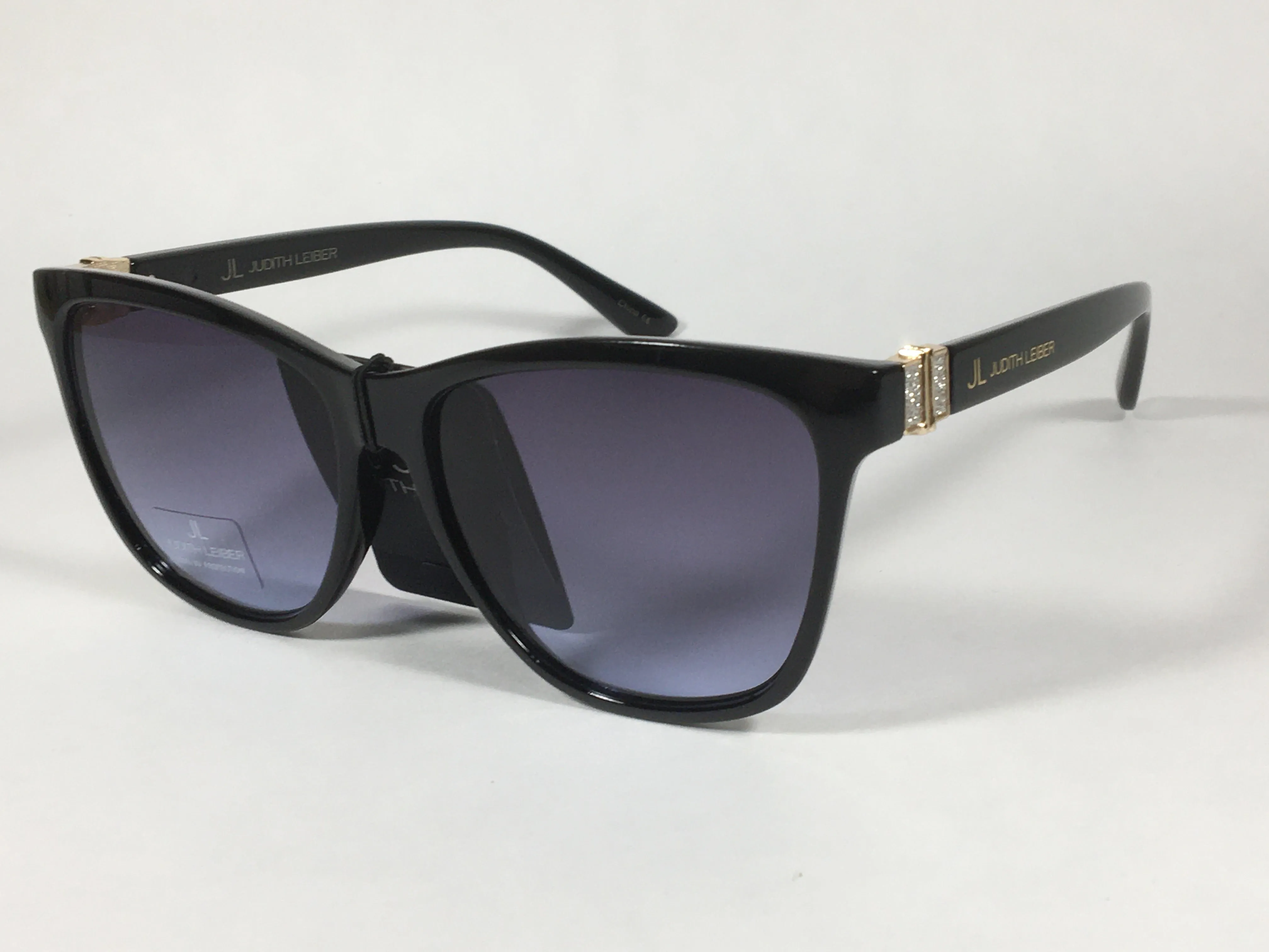 JL By Judith Leiber Peace Square Sunglasses Shiny Black Blue Gray Lens Gold Rhinestone Temples