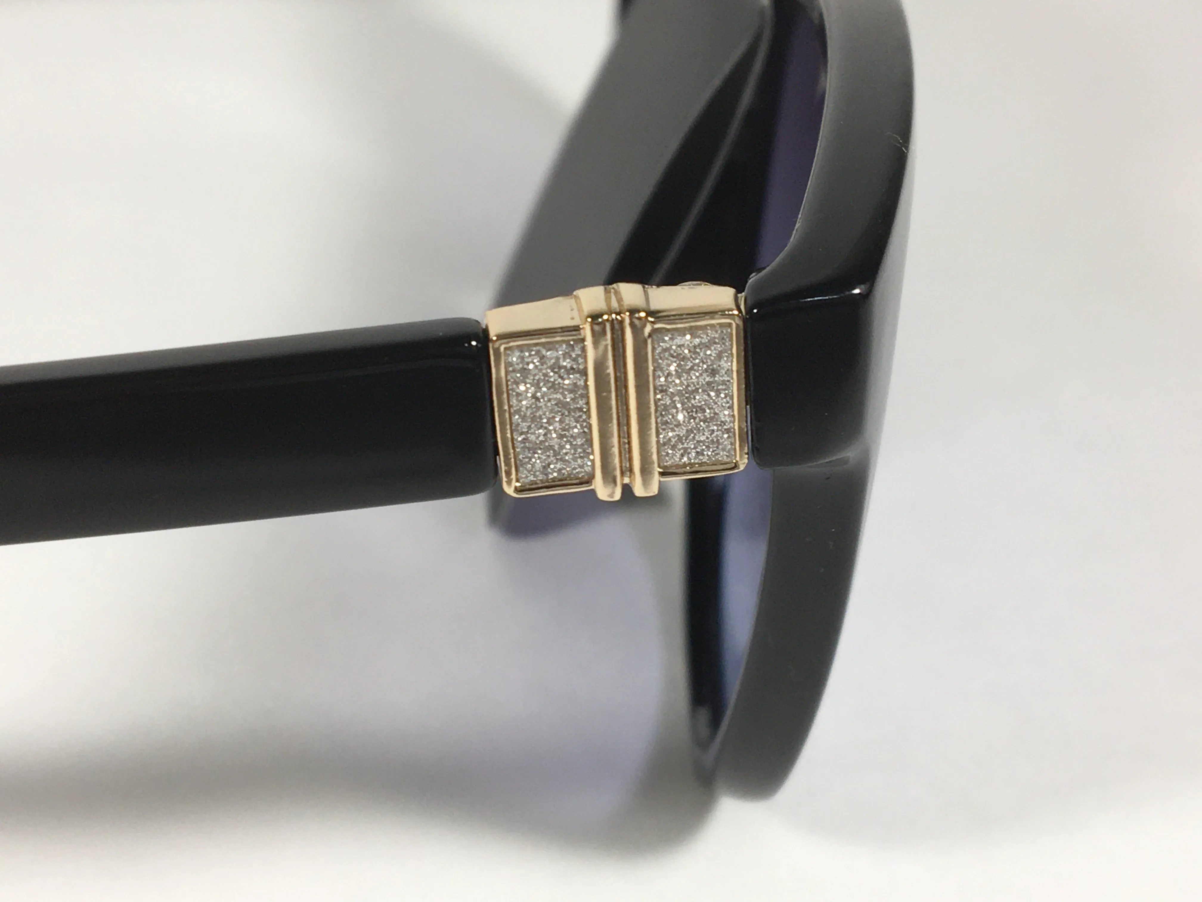 JL By Judith Leiber Peace Square Sunglasses Shiny Black Blue Gray Lens Gold Rhinestone Temples