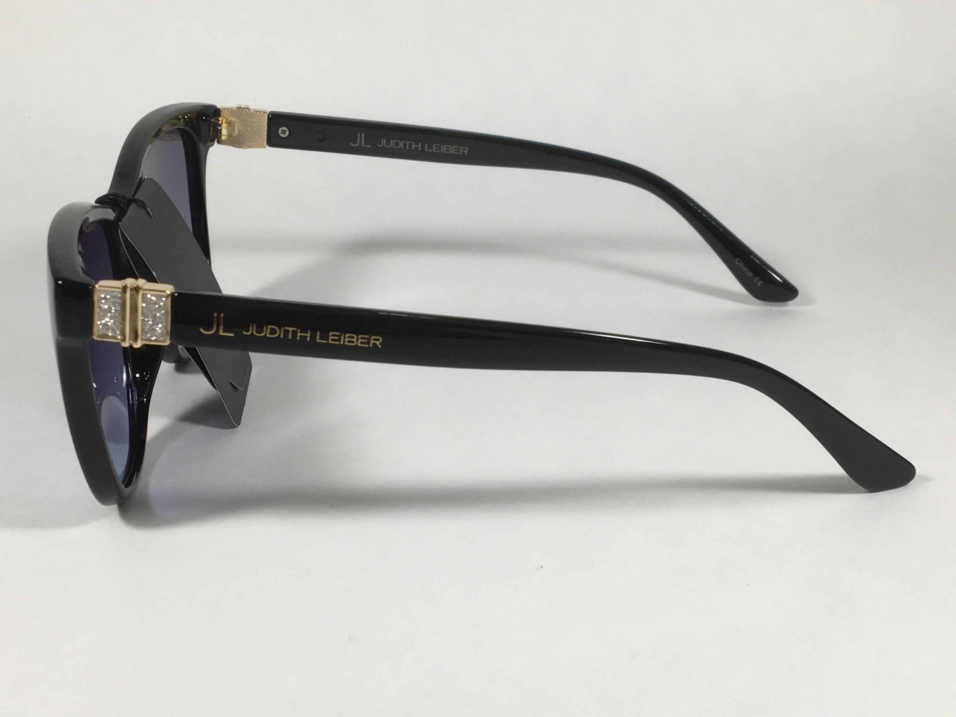 JL By Judith Leiber Peace Square Sunglasses Shiny Black Blue Gray Lens Gold Rhinestone Temples