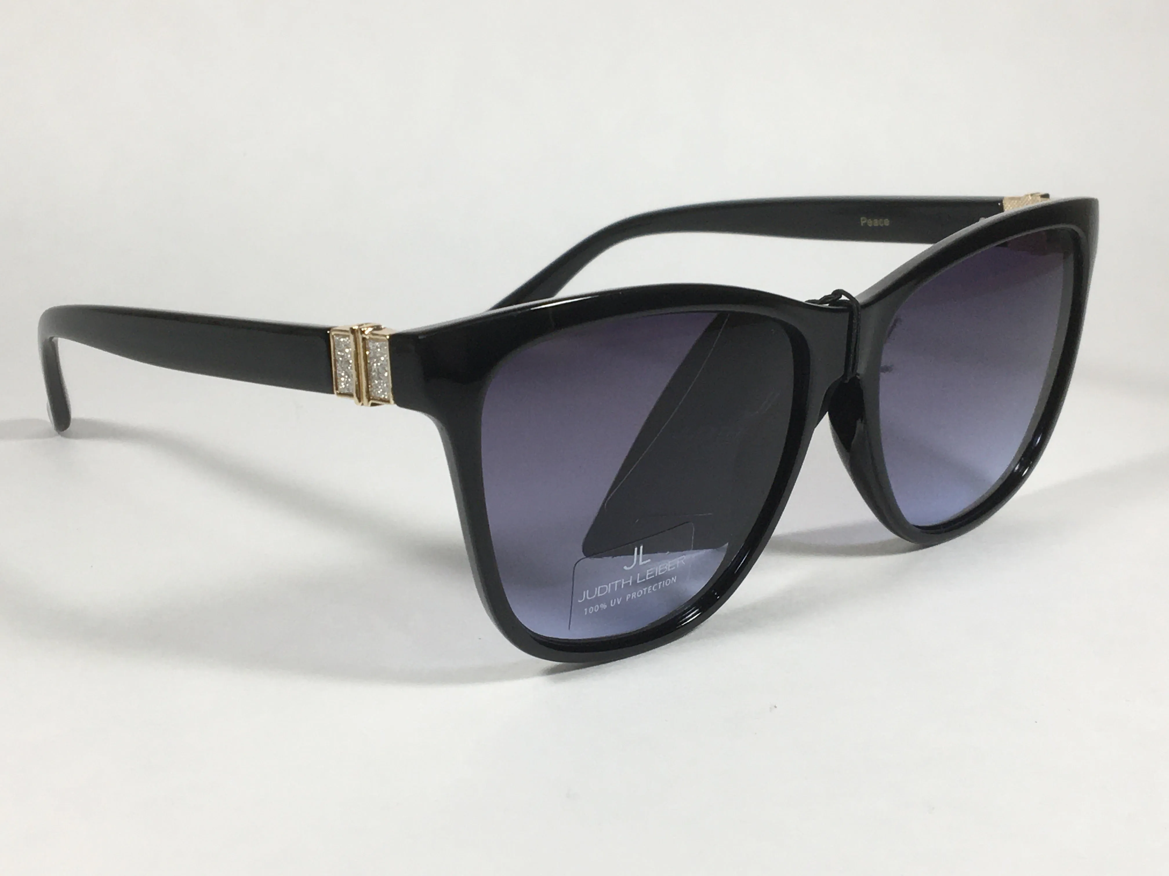 JL By Judith Leiber Peace Square Sunglasses Shiny Black Blue Gray Lens Gold Rhinestone Temples