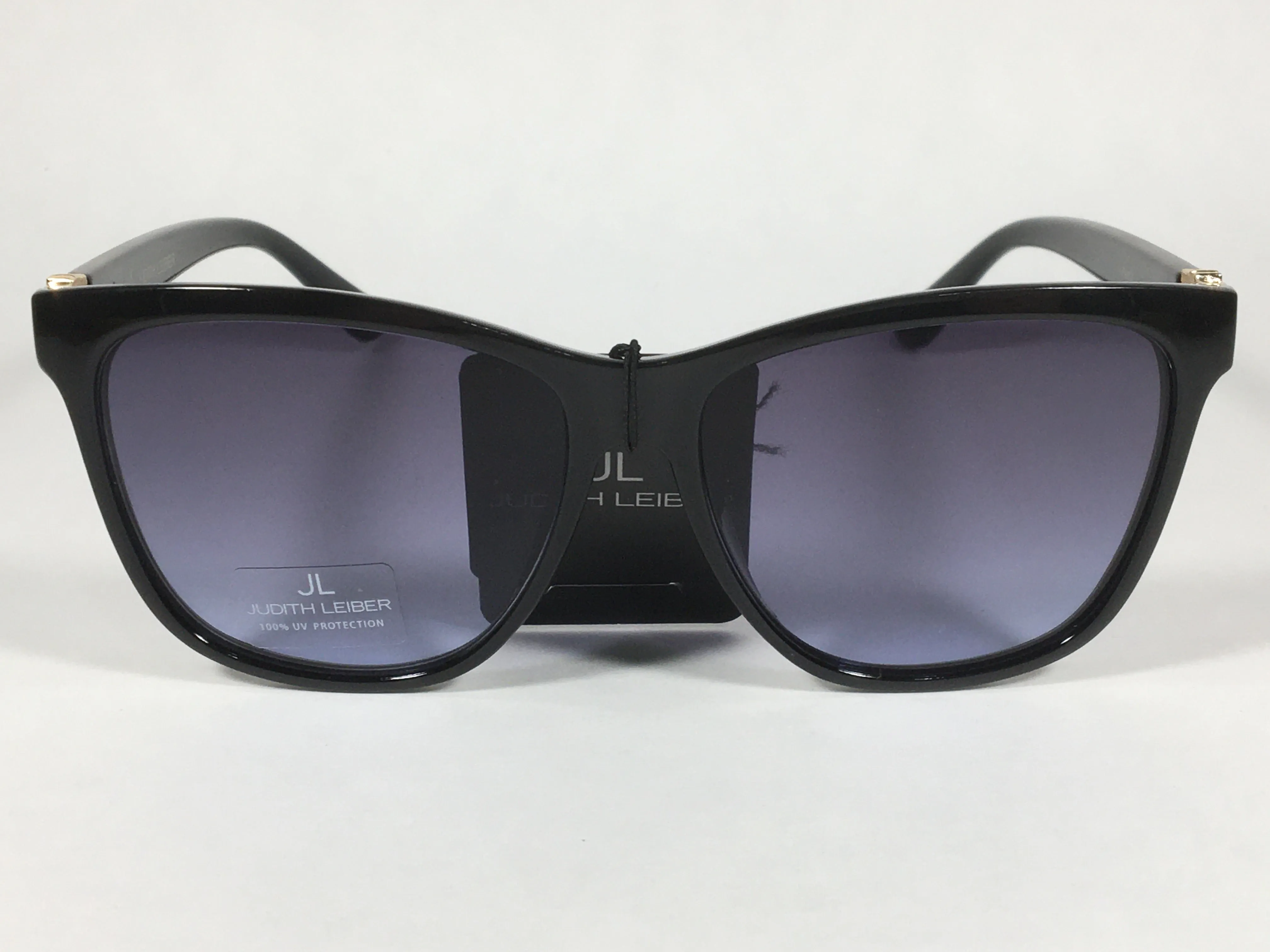 JL By Judith Leiber Peace Square Sunglasses Shiny Black Blue Gray Lens Gold Rhinestone Temples