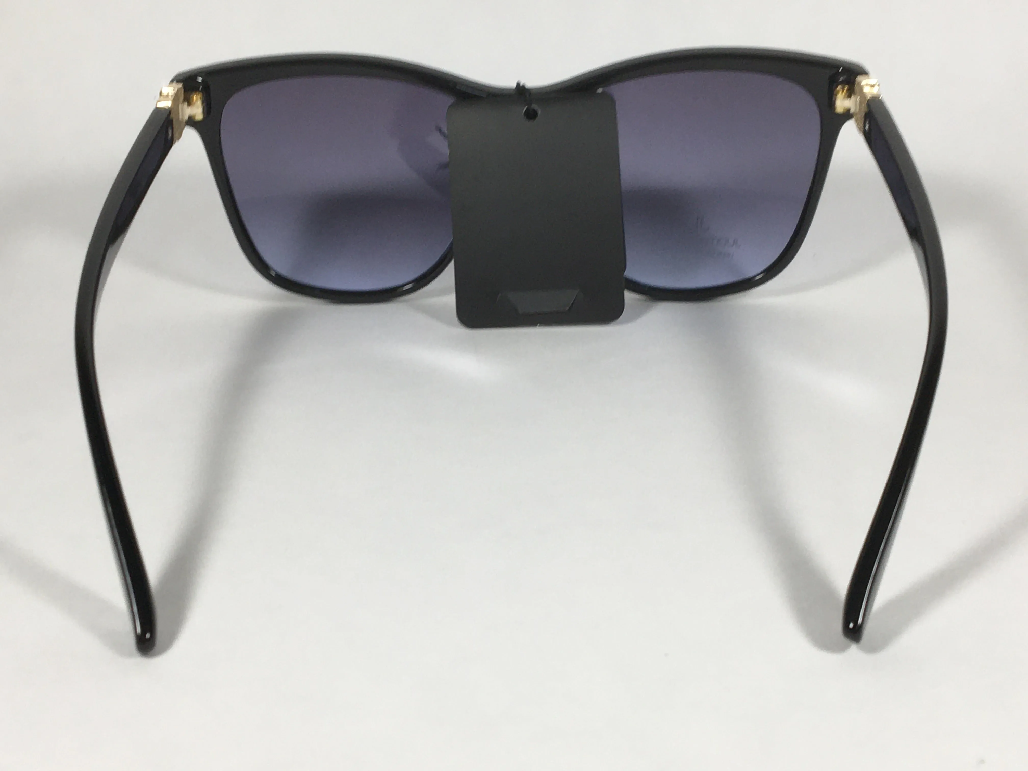 JL By Judith Leiber Peace Square Sunglasses Shiny Black Blue Gray Lens Gold Rhinestone Temples