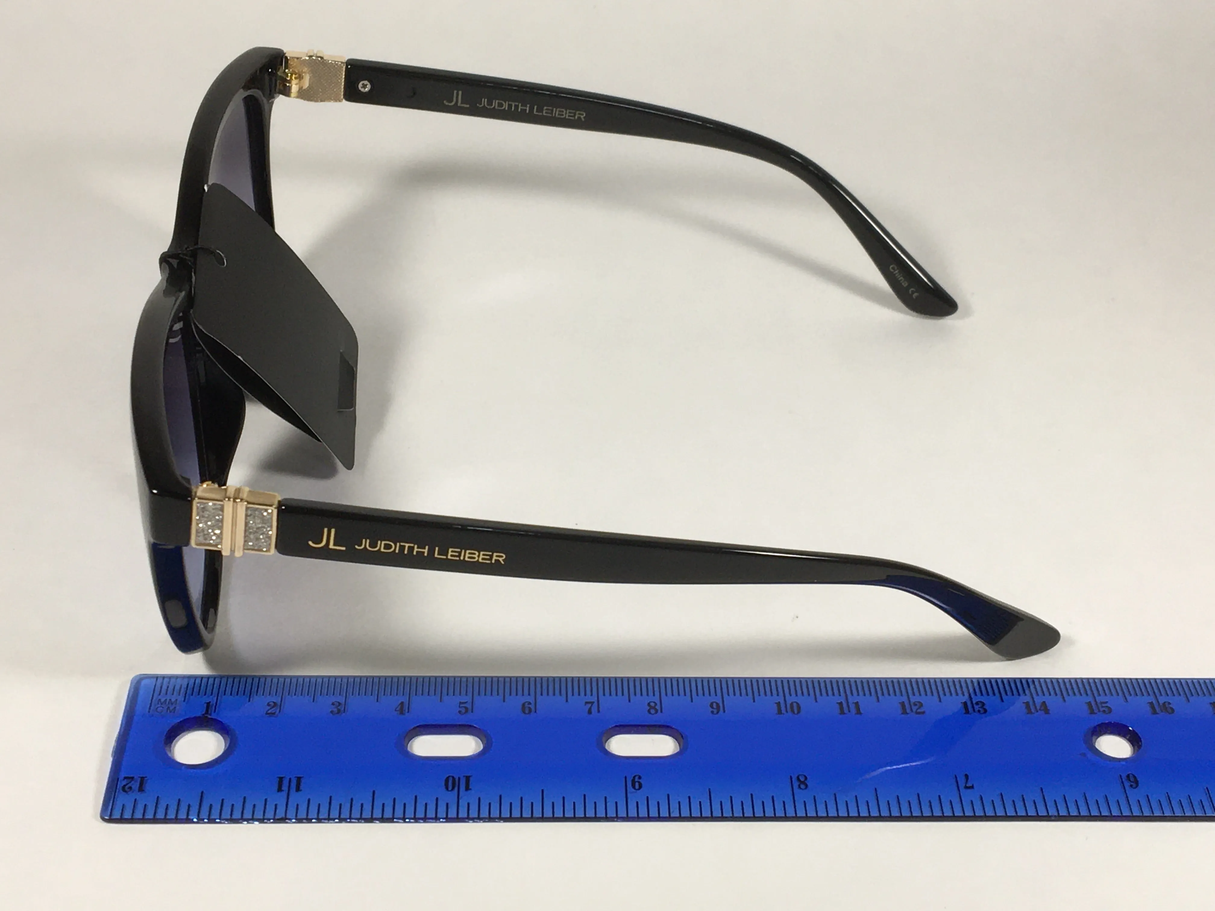 JL By Judith Leiber Peace Square Sunglasses Shiny Black Blue Gray Lens Gold Rhinestone Temples