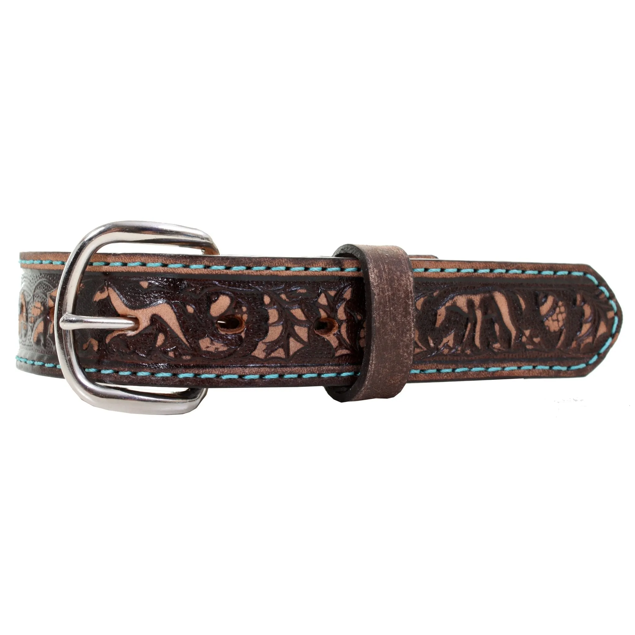 KB22/TURQUOISE - Brown Vintage Tooled Kids Belt