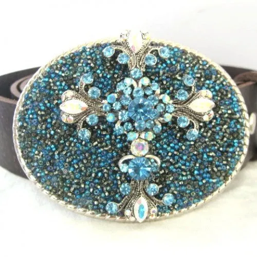 Kimberly Grace- Aqua Rhinestone Cross Womens Belt Buckle