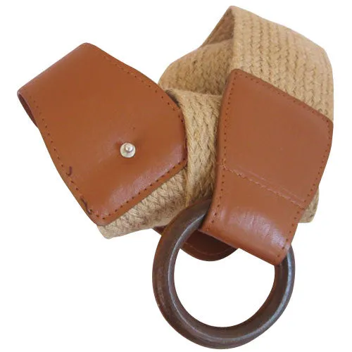 Light Brown Woven-Linen Belt With Wood Buckle