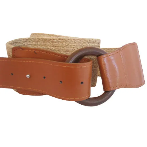 Light Brown Woven-Linen Belt With Wood Buckle