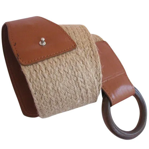 Light Brown Woven-Linen Belt With Wood Buckle