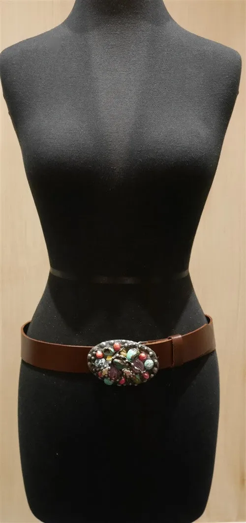 Mikal Winn Turquoise, Amethyst, and Crystal Encrusted Belt Buckle with Leather Strap