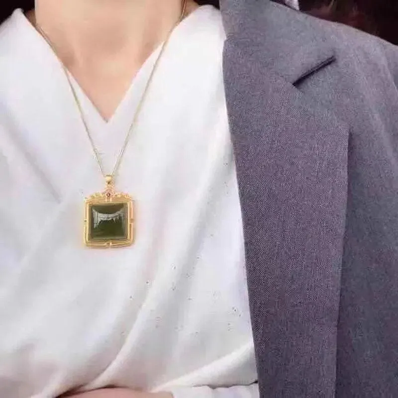 New silver inlaid natural Jasper Square Pendant Necklace