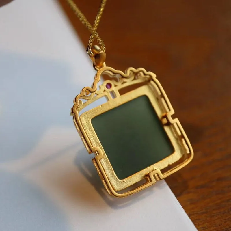 New silver inlaid natural Jasper Square Pendant Necklace