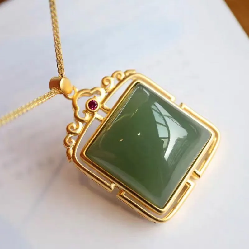 New silver inlaid natural Jasper Square Pendant Necklace