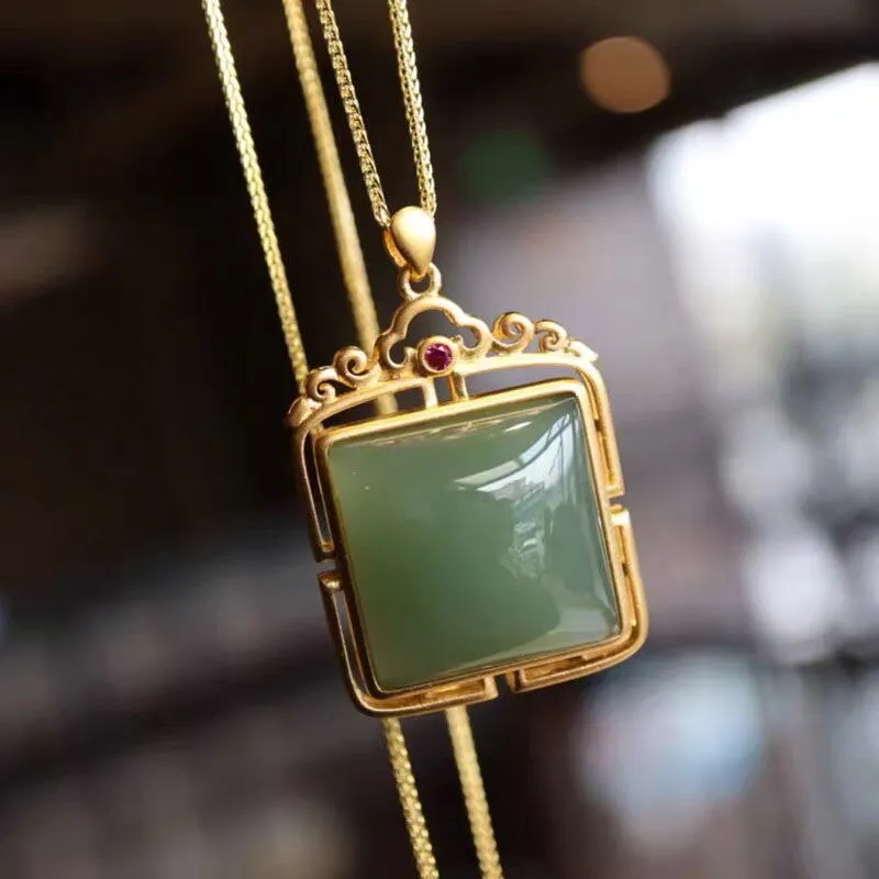New silver inlaid natural Jasper Square Pendant Necklace