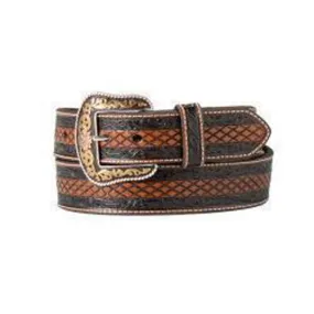 Nocona Brown/Black Floral & Diamond Embossed Belt with Antique Gold/Copper Tone Buckle