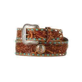NOCONA MEN'S BELT FLORAL TOOLED BODY BUCK LACING NATURAL