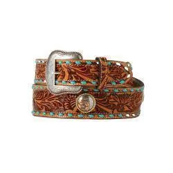 NOCONA MEN'S BELT FLORAL TOOLED BODY BUCK LACING NATURAL
