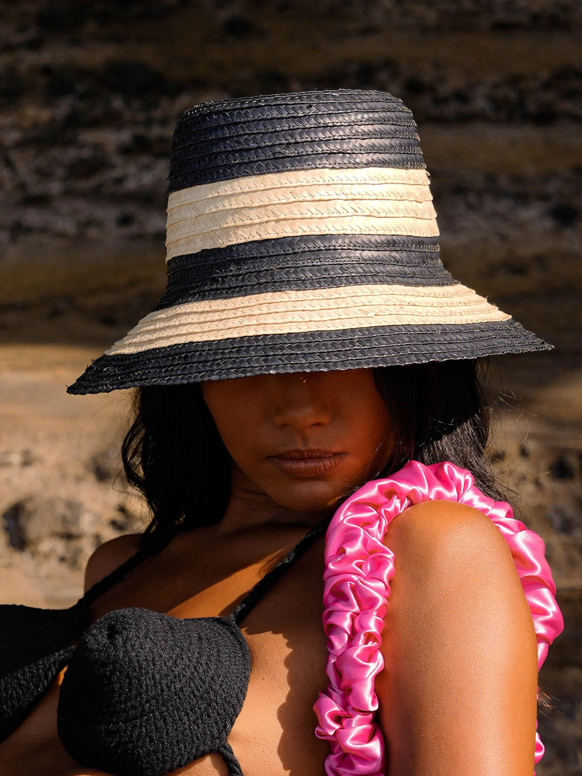 Nona striped bucket palm straw hat in black and natural