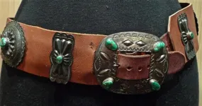 Old Navajo Sterling Silver Concho Belt with Turquoise on New Leather