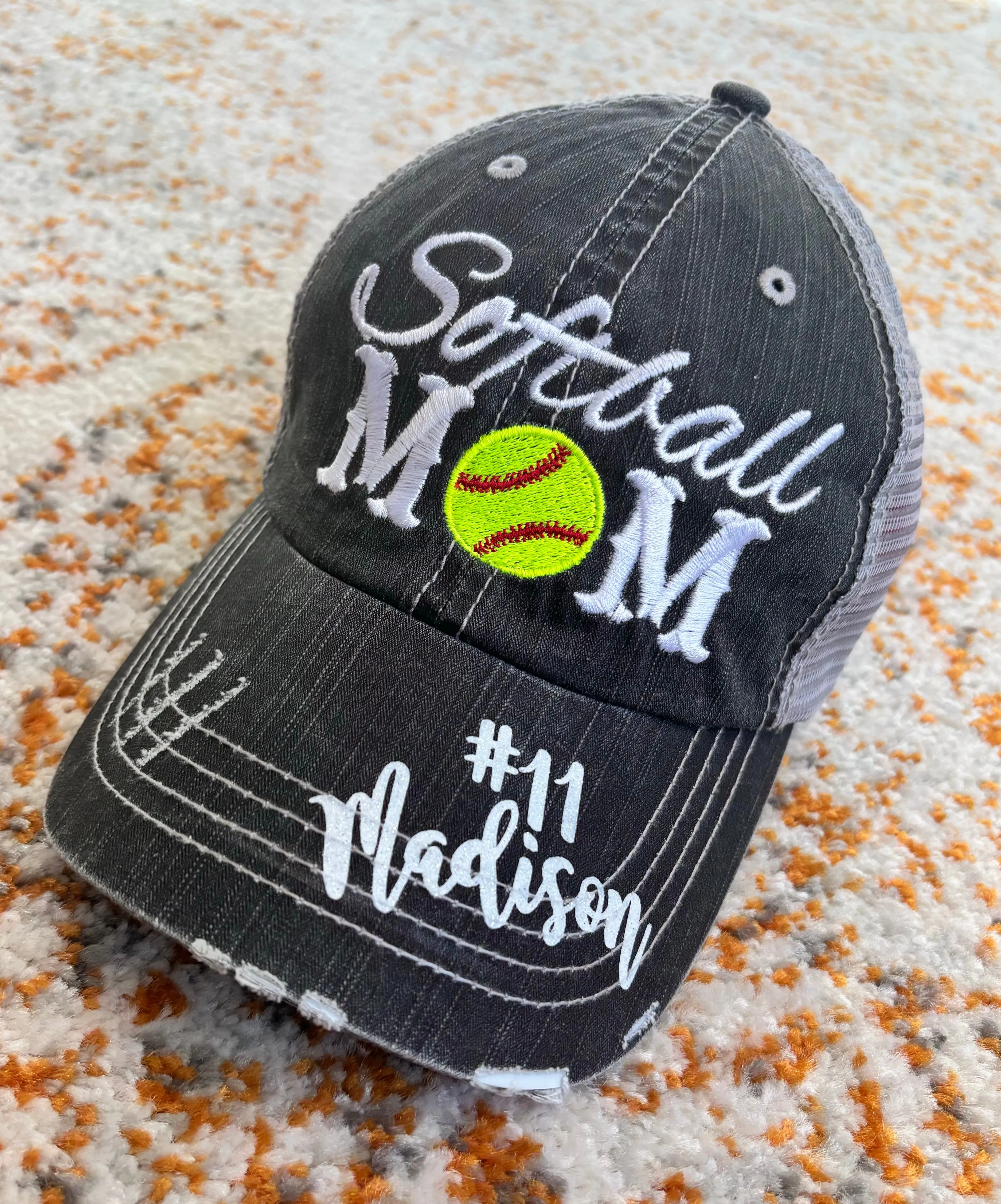 Personalized sports mom hats Baseball mom Softball mom Embroidered distressed trucker caps