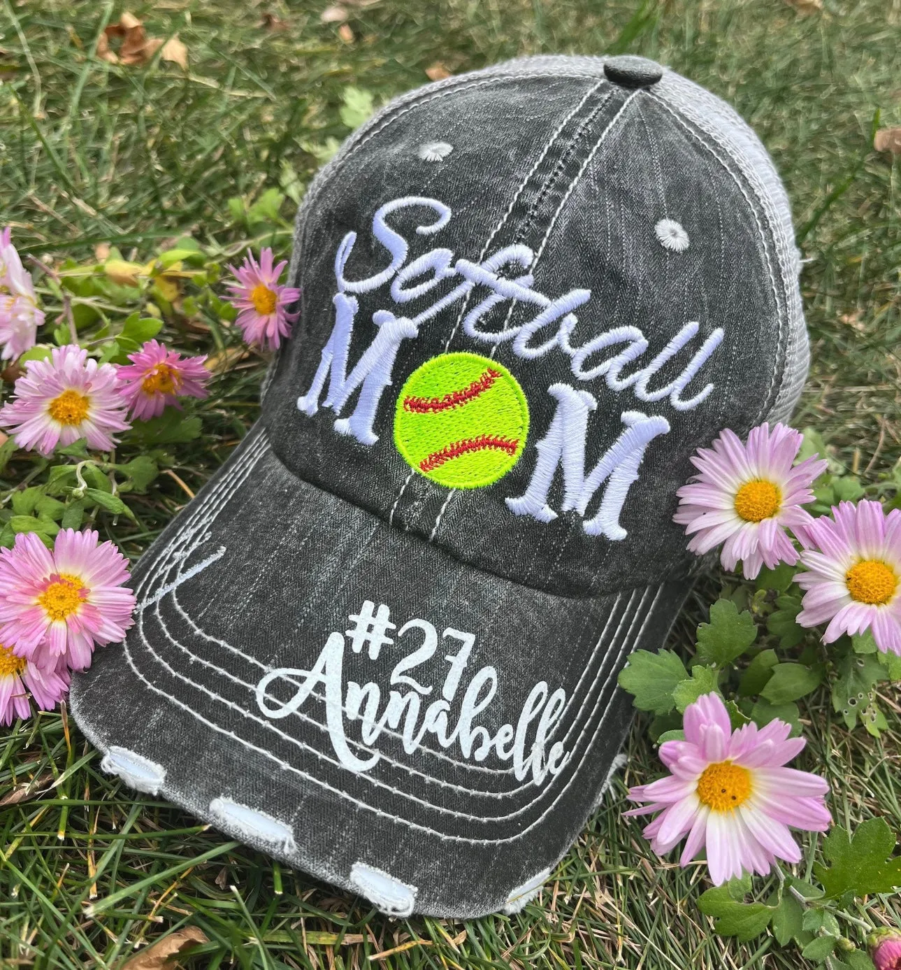 Personalized sports mom hats Baseball mom Softball mom Embroidered distressed trucker caps