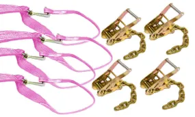 Pink Tie-Down Straps w/loop end Mini J Hook & Chain Ratchets  4-Pack