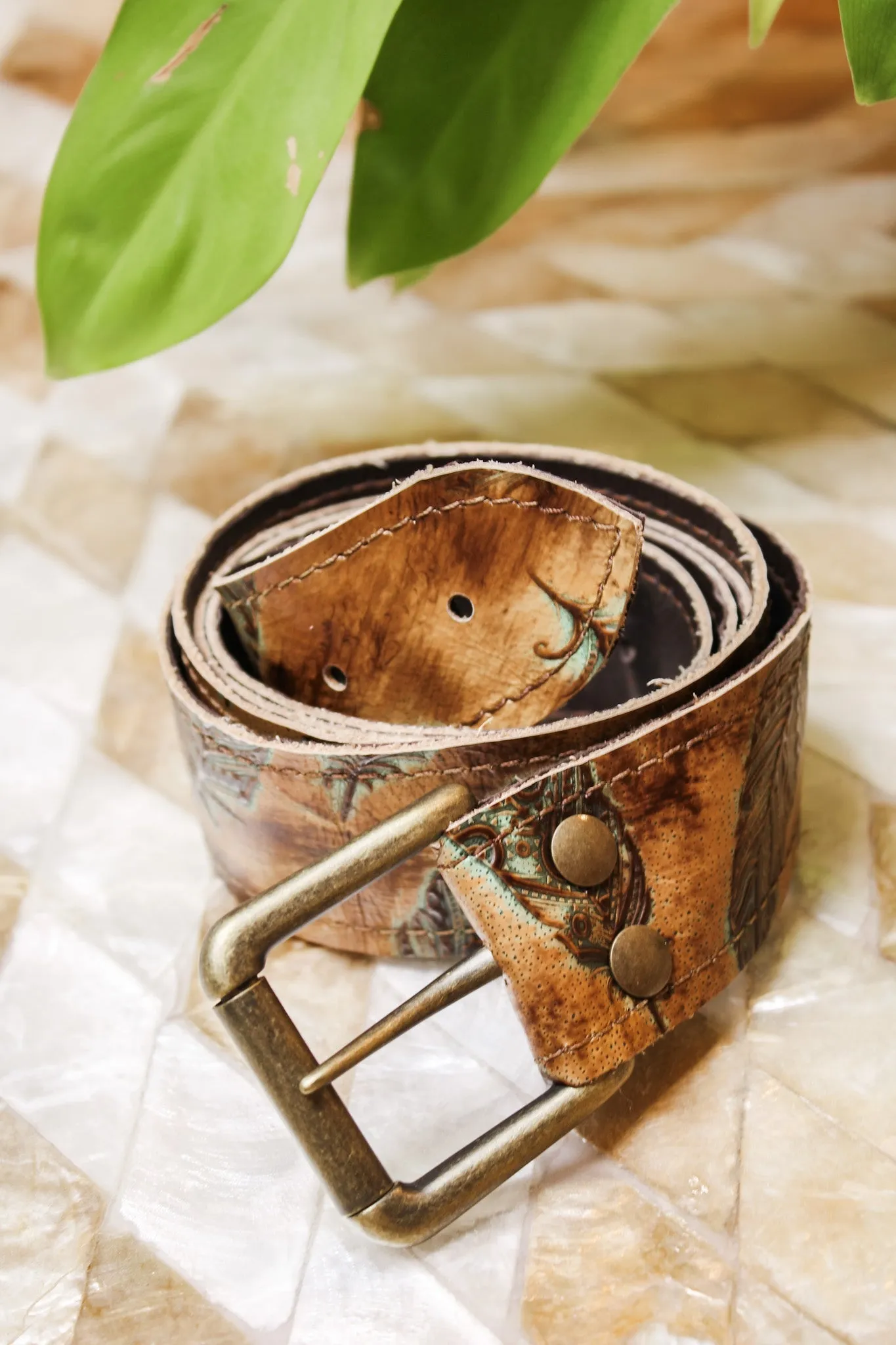 Plumas Sepia Turquoise Embossed Leather Belt