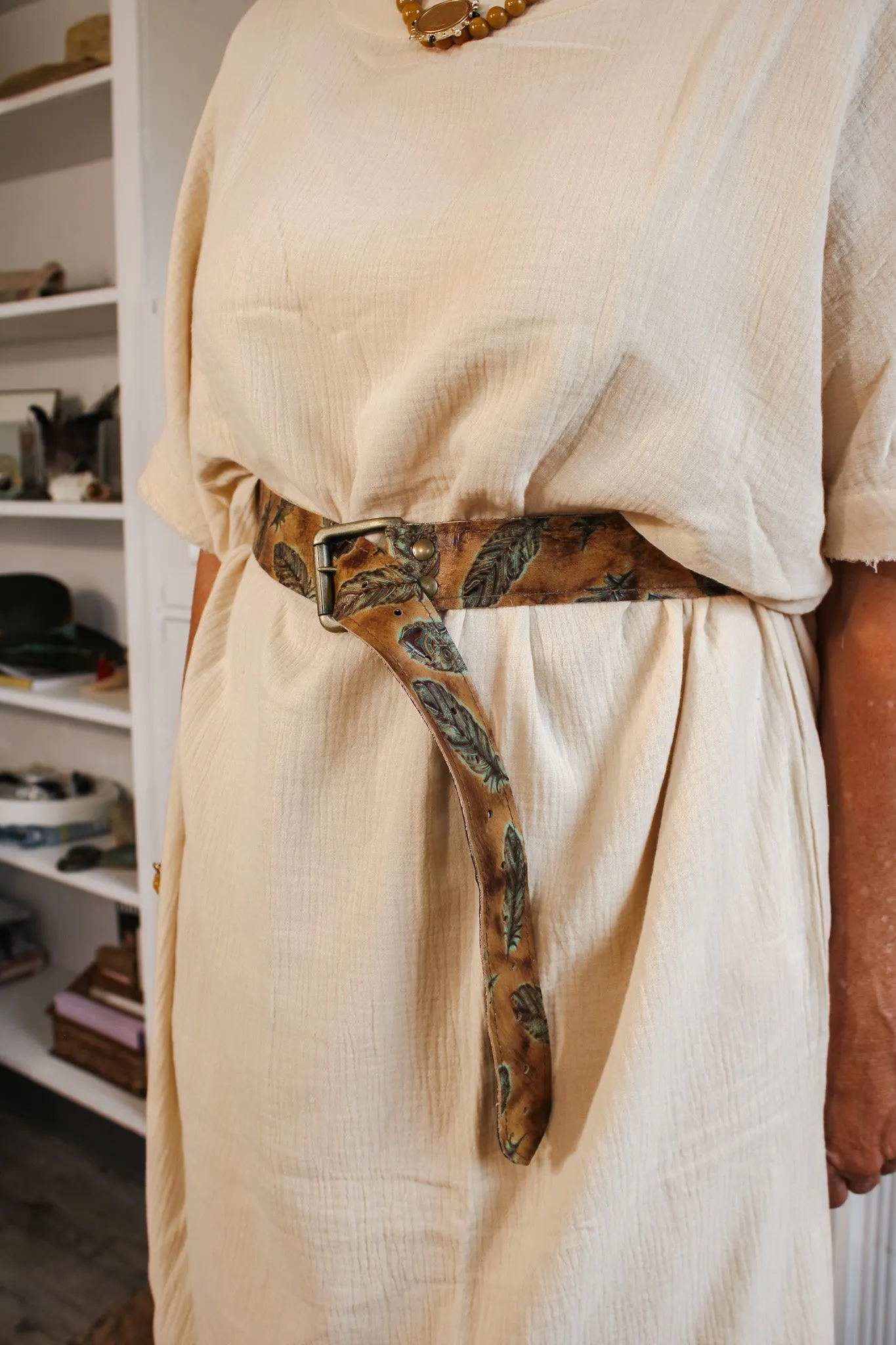 Plumas Sepia Turquoise Embossed Leather Belt