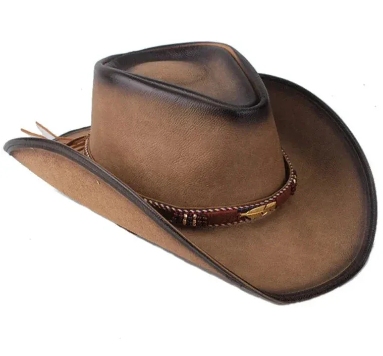 Premium Leather Western Cowboy Hat Wide Brim