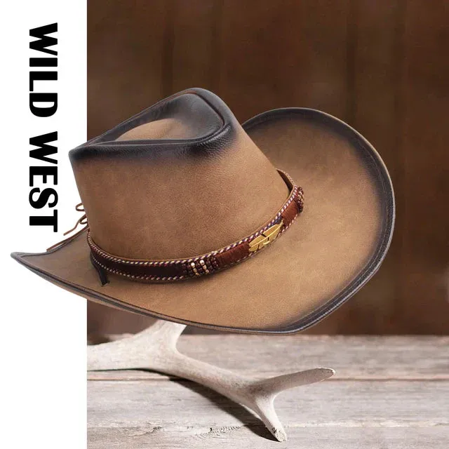Premium Leather Western Cowboy Hat Wide Brim