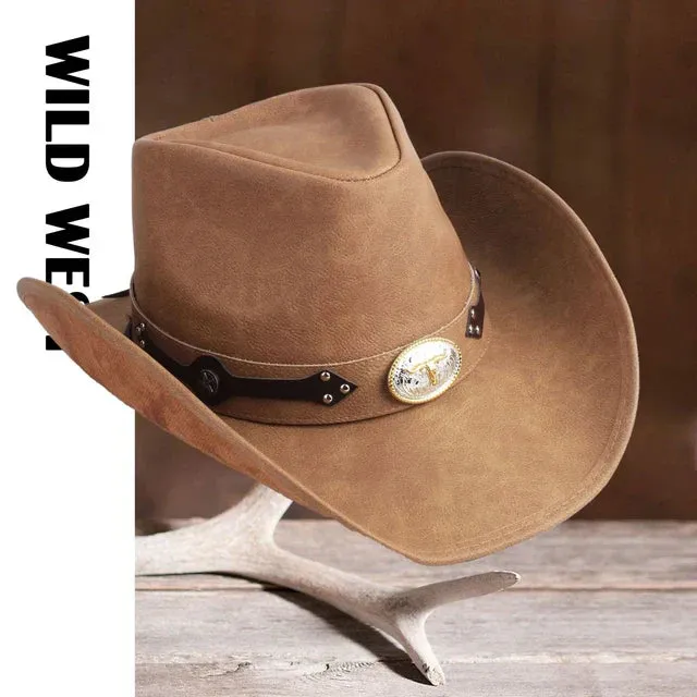 Premium Leather Western Cowboy Hat Wide Brim