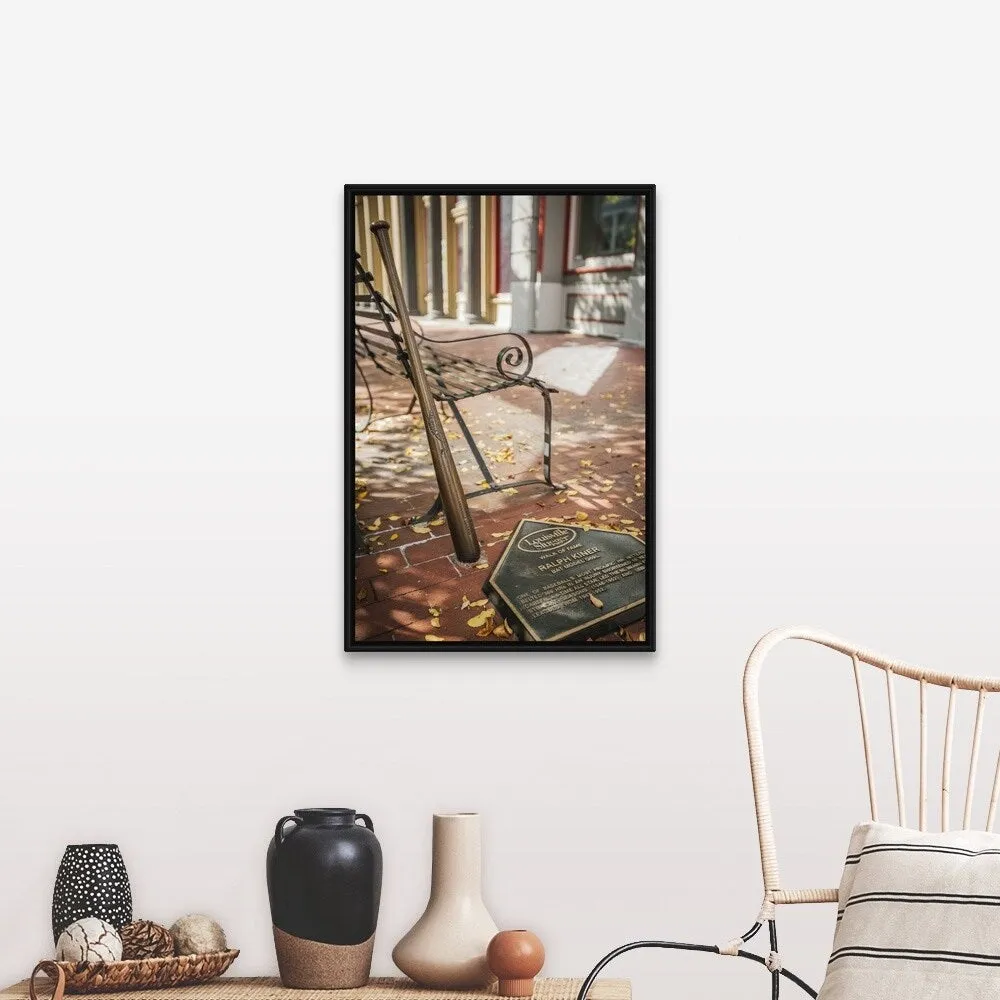 "Bench and bronze baseball bat" Black Float Frame Canvas Art